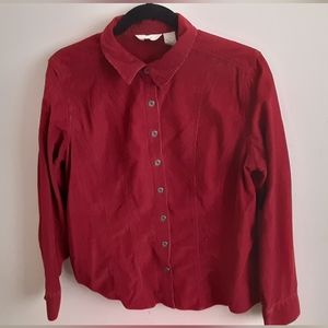 J Jill Classic button front blouse. Long sleeve, burgundy corduroy Size M